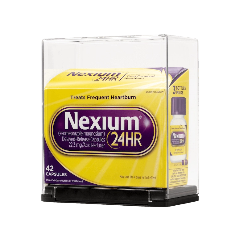 Schachtel mit Nexium-Medikamenten in einer Sell-Thru Security Box