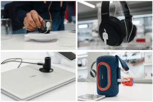 Kopfhörer, Ohrhörer, Laptops, kleine Elektronikgeräte und Lautsprecher werden gesichert und ausgestellt von InVue 'S Zips Sicherheitslösung.