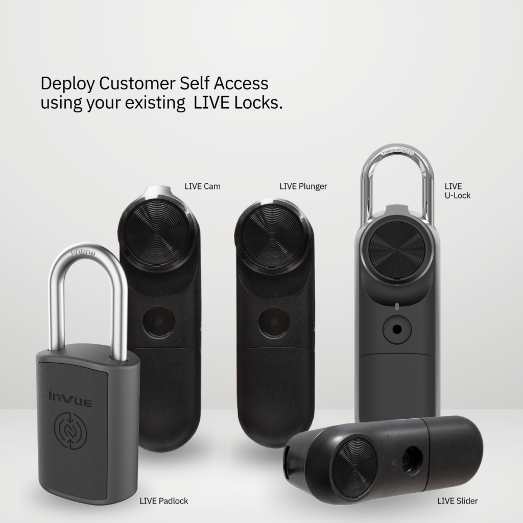 InVue LIVE Schloss-Produktreihe, die mit „Customer Self-Access“ kompatibel ist, darunter „ LIVE “ (Riegel), „ LIVE “ (Stößel), „ LIVE “, „U-Lock “, „ LIVE “, „Padlock “ und „ LIVE “ (Schieber)