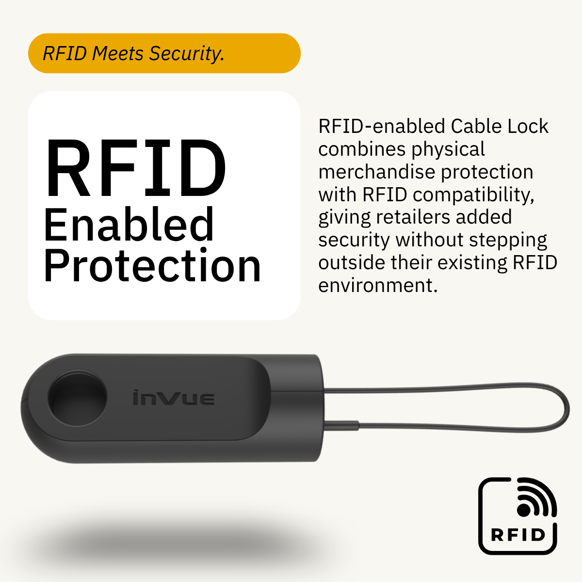 InVue RFID-fähiges Kabelschloss, das physischen Warenschutz mit RFID-Kompatibilität für RFID-fähige Einzelhandelsumgebungen verbindet.