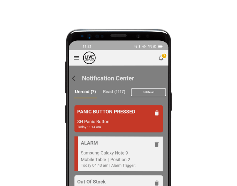 LIVE-Display auf dem Telefon mit roter Paniktaste als Alarm