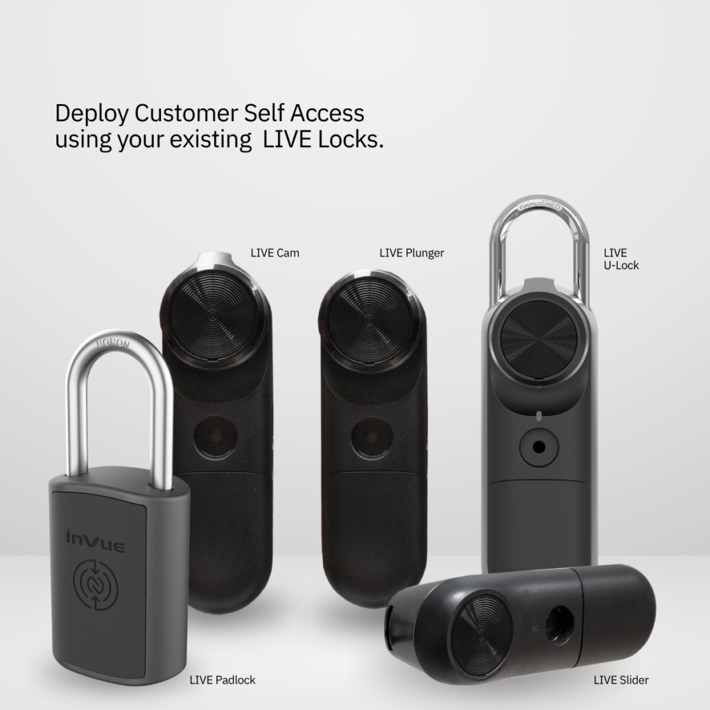 InVue LIVE Schloss-Produktreihe, die mit „Customer Self-Access“ kompatibel ist, darunter „ LIVE “ (Riegel), „ LIVE “ (Stößel), „ LIVE “, „U-Lock “, „ LIVE “, „Padlock “ und „ LIVE “ (Schieber)